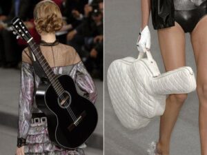 Klasyczna czarna gitara i biały futerał od Chanel według projektu Karla Lagerfelda