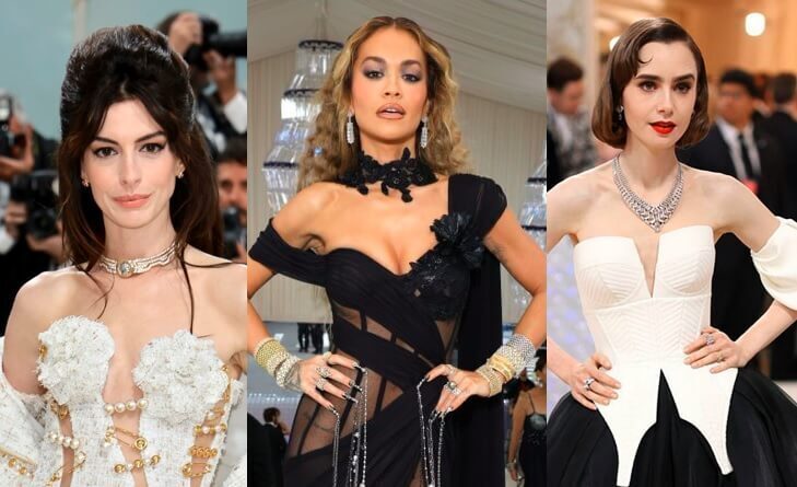 Najciekawsza biżuteria z Gali MET 2023. Anne Hathaway, Rita Ora oraz Lily Collins w najciekawszych strojach i dodatkach.
