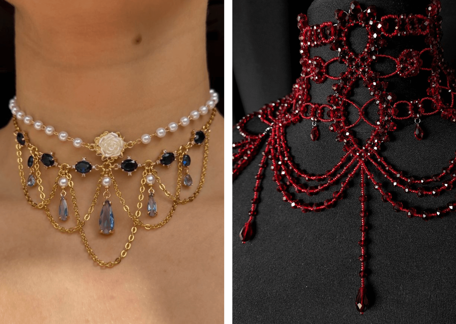 Naszyjniki kaskadowe z łańcuszków i koralików