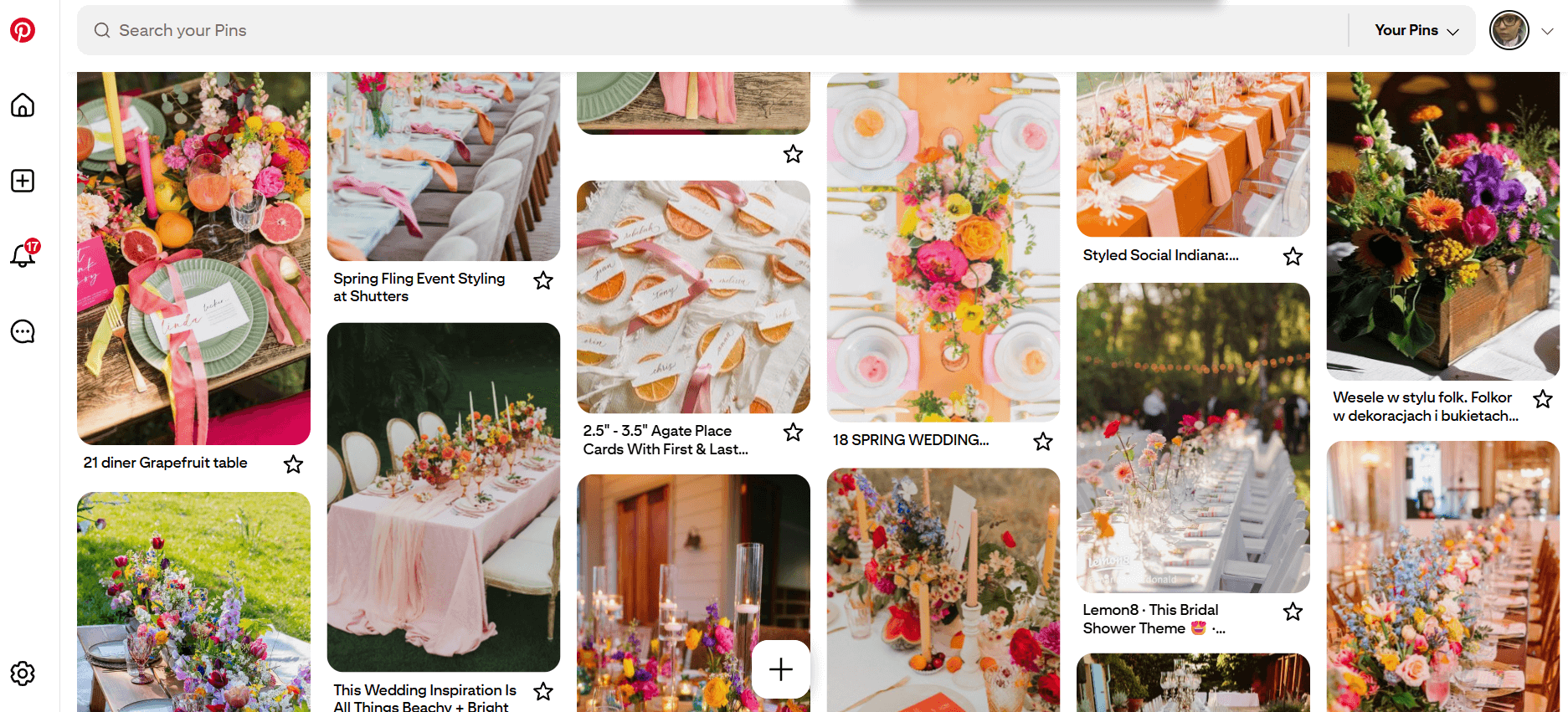 Screen z tablicy na pinterestcie z inspiracjami weselnymi