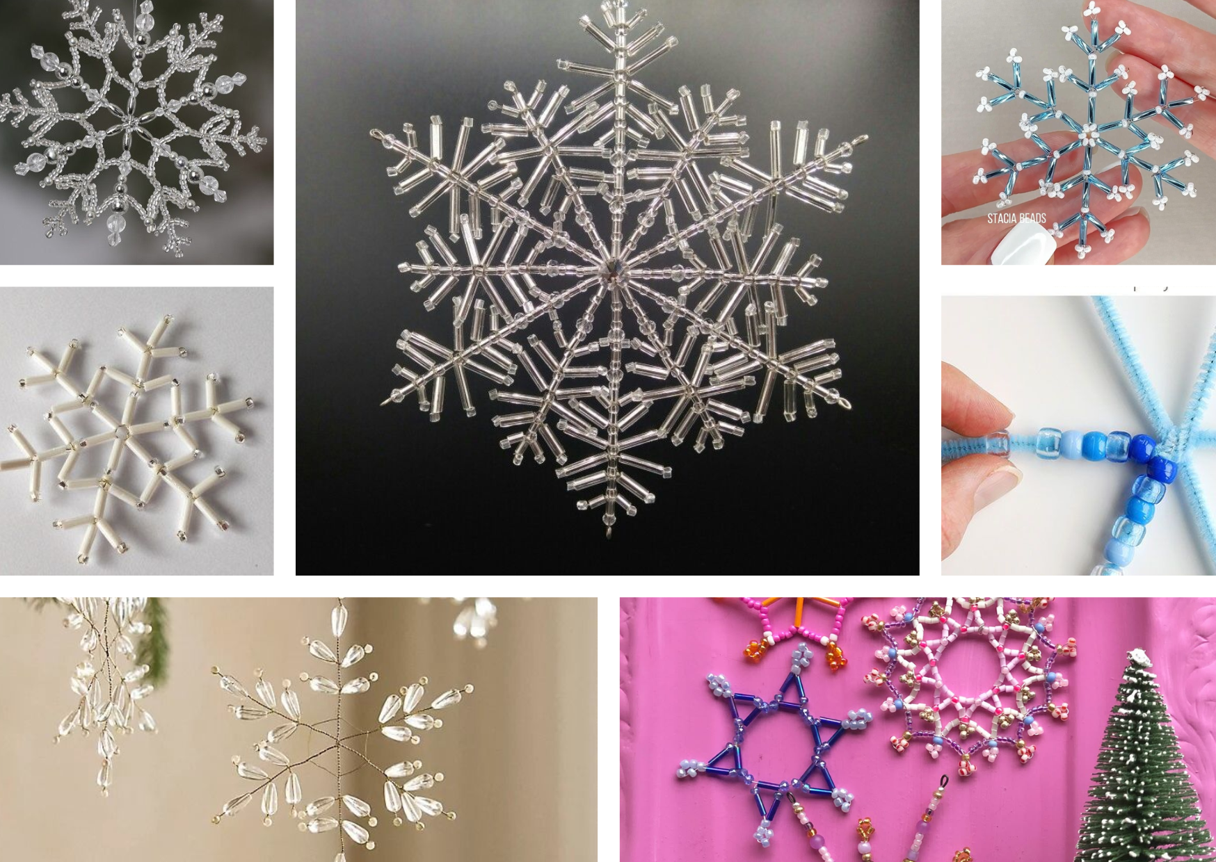 Śnieżynki z drobnych koralików szklanych